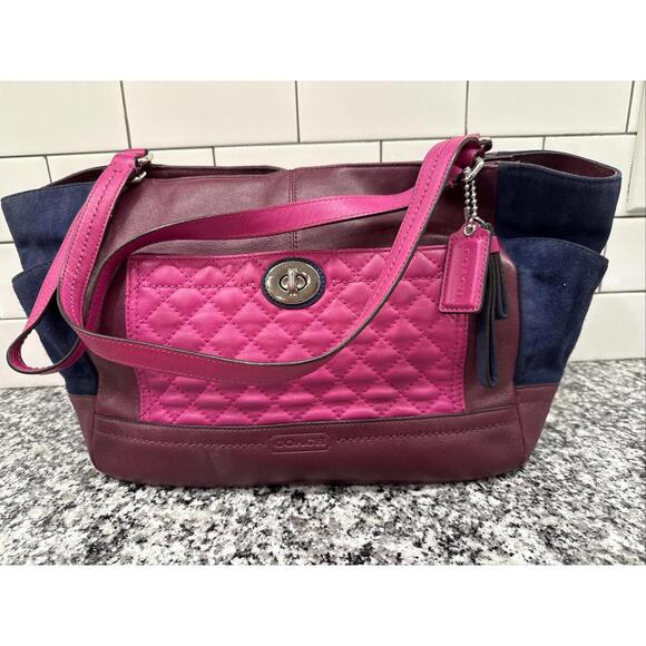 Coach Park Mini Leather Suede Tote Satchel Color Block Quilted Blue Wine F49865 - Picture 1 of 11